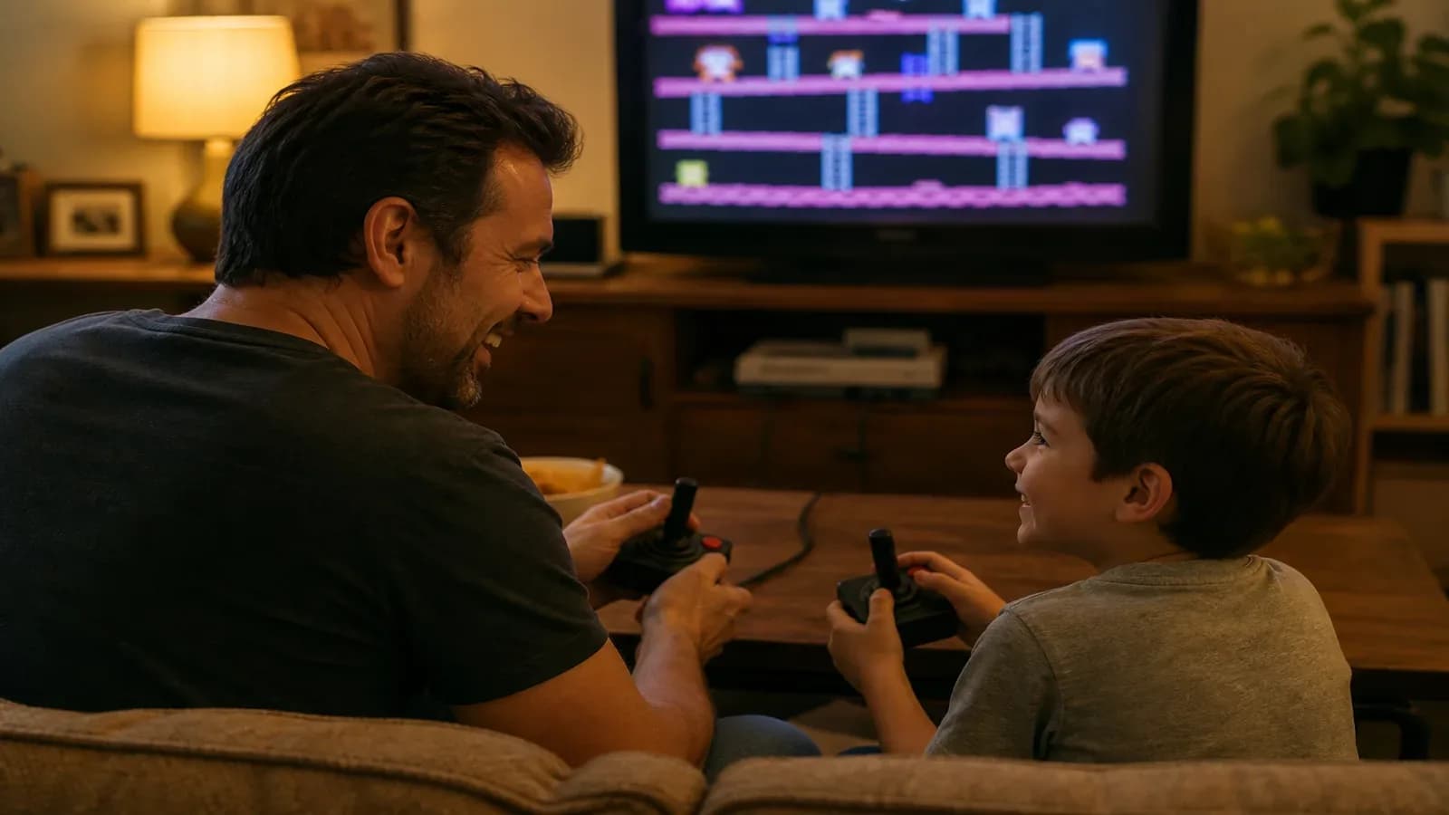 Родитель и ребёнок вместе играют на ретро-консоли, подключённой к телевизору, с двумя джойстиками
