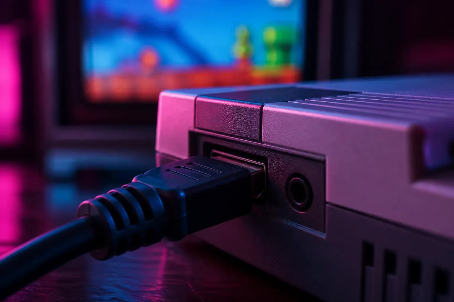 Крупный план HDMI-кабеля, подключённого к разъёму на задней панели мини-аркады