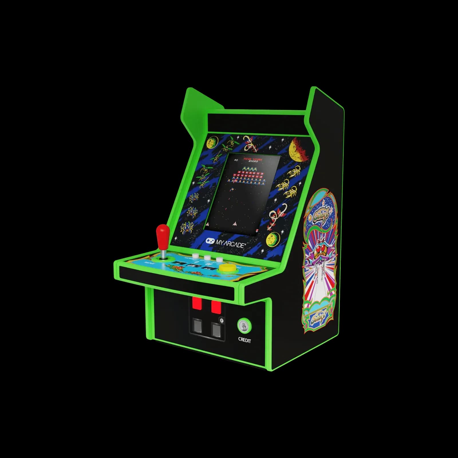 Micro Player с игрой Galaga на полке рядом с другими предметами - настольный формат средней компактности